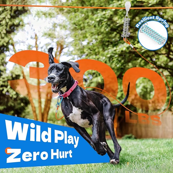 50ft Dog Runner for Yard Large Dog Heavy Duty with Double Shock Absorbers Tangle-Free Aerial Trolley System for Large Dogs Up to 250lbs(Orange)-PurrikoPets