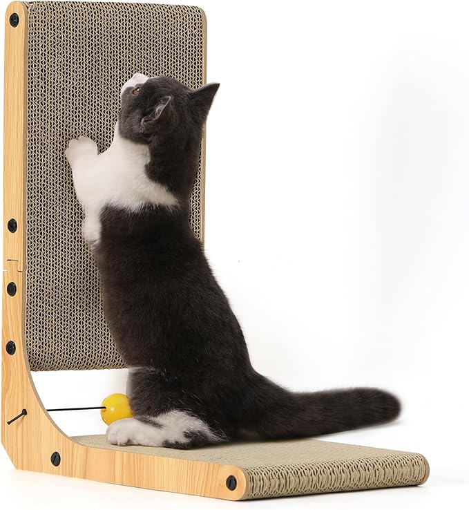 FUKUMARU Cat Scratcher, 18.9 Inch L Shape Cat Scratch Pad, Vertical Cat Scratcher Wall Mounted, Cat Scratching Cardboard with Ball Toy for Indoor Cats-PurrikoPets