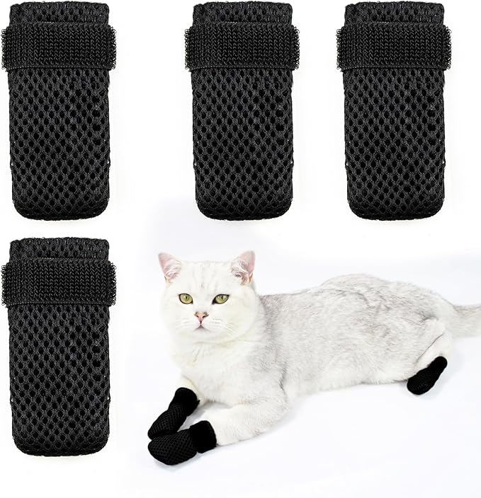 4 PCS Cat Boots, Cat Mittens to Prevent Scratching, Breathable Mesh Cat Foot Covers, Adjustable Cat Claw Protectors or Cats When Bathing and Nail Trimming-PurrikoPets