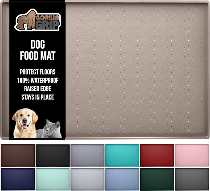 GORILLA GRIP 100% Waterproof Raised Edge BPA Free Silicone Pet Feeding Mat, Dog Cat Food Mats Contain Spills Protects Floors, Placemats for Cats and Dogs Water Bowl, Pets Accessories 28x18 Beige-PurrikoPets