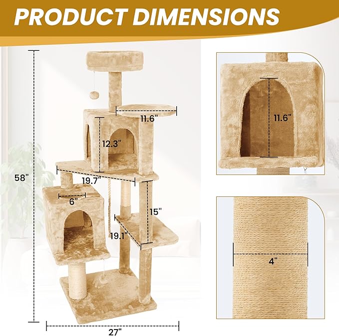 59in Large Cat Tree Tower for Indoor Cats with Soft Plush Hang Ball, Two Condos, Sisal Scratch Posts & Rope Play for Kittens/Adult Cats, New Beige-PurrikoPets
