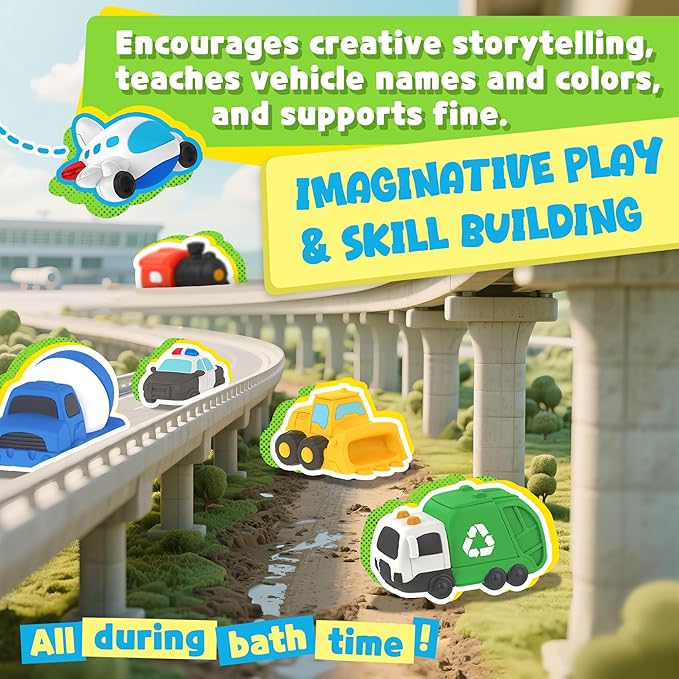 6 PCS Vehicle Floating Bath Toys Mold Free Infant Bath Tub Toys for 12 Months - No Hole Bathtub Toys for Toddlers 1-3 Water Pool Toys for Baby Toddler Ages 1+-PurrikoPets