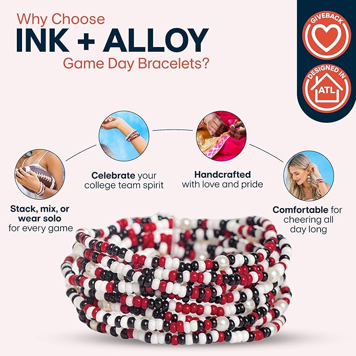 INK + ALLOY Game Day Bracelet Stacks, Beaded Bracelets for Football Gameday Outfits, Handmade Jewelry for College Students, Teachers, Football Moms, Set of 10