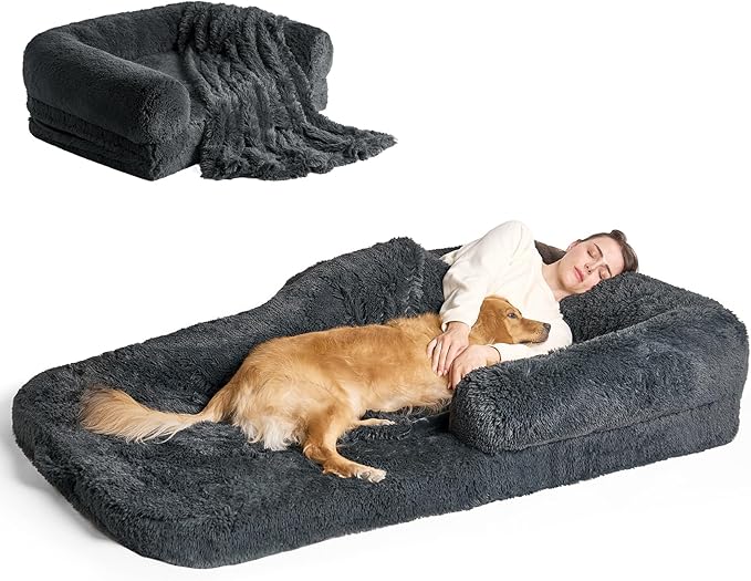 EHEYCIGA Foldable Human Dog Bed, Orthopedic Memory Foam Human Sized Dog Bed, Waterproof Pet Bed for People, Faux Fur Pet Couch for Adult, Dark Grey, 72"x44"x11"-PurrikoPets