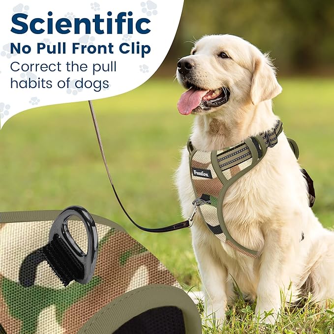 Funfox Dog Harness No Pull, Adjustable Pet Vest Harness, Super Soft Material with Vertical Handle Easy Control, Reflective Night Walking, 2 Leash Clips for Small Sized Dogs, Camo Green, S-PurrikoPets
