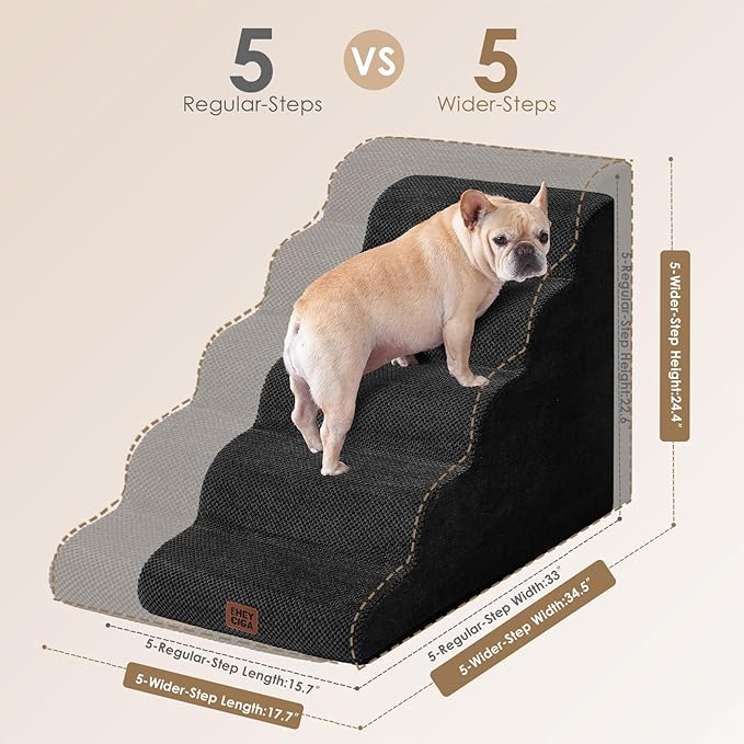 EHEYCIGA Curved Dog Stairs Ramp for High Beds, 5-Step Extra Wide Dog Steps for Small Dogs and Cats, Pet Stairs for High Bed Climbing, Non-Slip Balanced Pet Step Indoor, Black-PurrikoPets