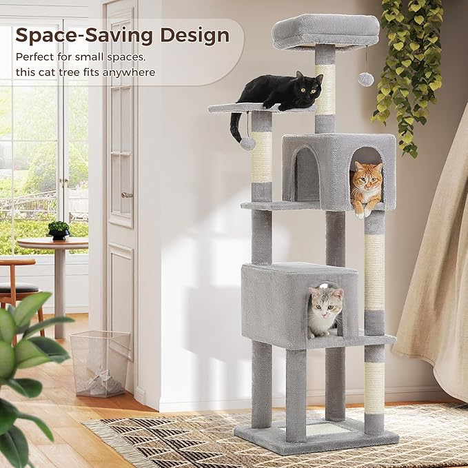 62-Inch Cat Tree for Indoor Cats, Large Cat Tower with Scratching Posts for Large Cats, 2 Bigger Plush Condos, Padded Platform, Soft Cat Bed and Scratching Pad, 2 Pompoms, Gray-PurrikoPets