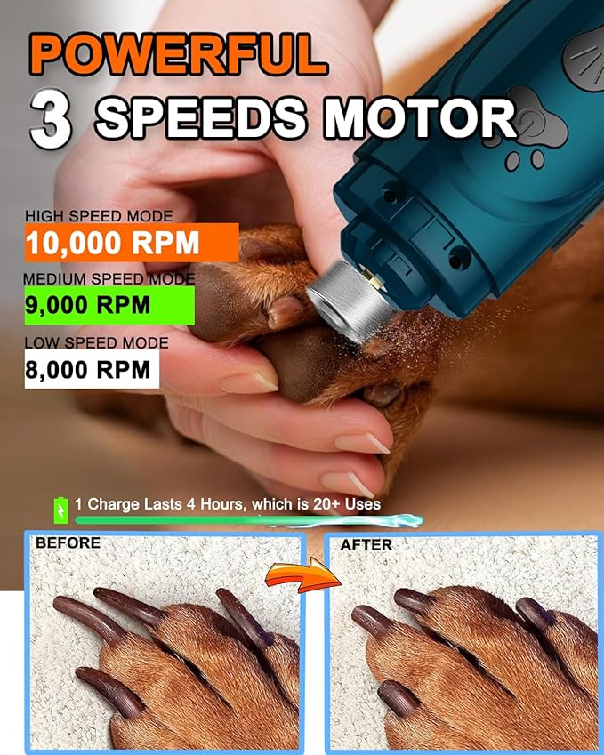 Dog Nail Trimmers and Dog Nail Clippers Kit, Whisper Quiet Electric Grinder with Light, for Small, Medium, Large Dogs, Cats Toenail Grooming, 3 Speeds-PurrikoPets