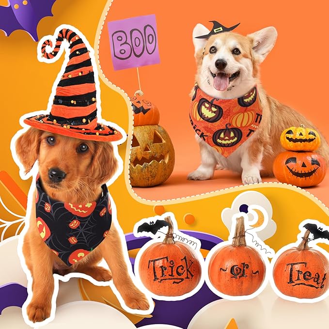 Abbylike 50 Pcs Halloween Dog Bandanas Bulk Pumpkin Bandanas for Dogs Triangle Kerchief Bibs Scarf Set for Pet Halloween Costume Photo Props Accessories Pet Shops, 25 Styles (31.5 x 21.7 x 21.7")-PurrikoPets