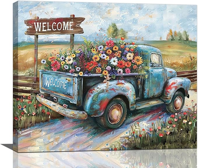 Farmhouse Truck Wall Art Rustic Country Wildflowers Wall Decor Road Flowers Landscape Pictures Canvas Print Painting Artwork for Bathroom Living Room Bedroom 20"x24"-PurrikoPets
