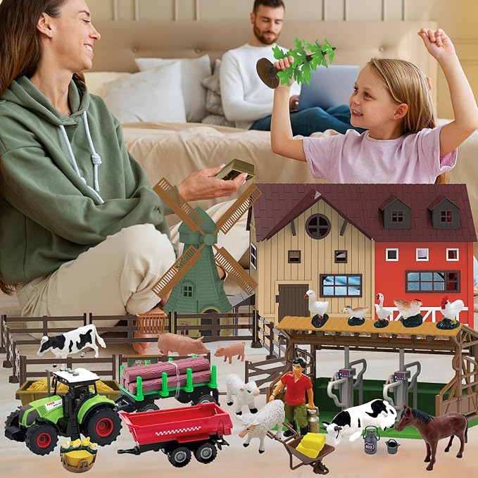 136PCS Farm Animals Toys Set Comes with Barn, Tractor Trailer, Milking shed, Windmill, Farmer, Fence - Playset for Kids Toddlers Boys Girls 5+ Years Old-PurrikoPets
