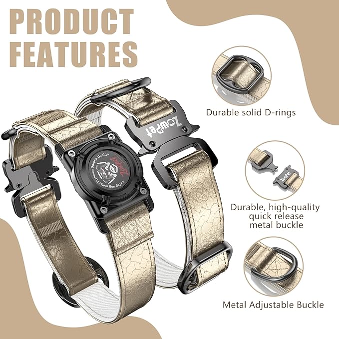 Airtag Dog Collar - Leather Dog Collar with Airtag Holder| IP68 Waterproof AirTag Holder with Metal Buckle, Comfortable GPS Dog Collars Tracker for Medium Large Dogs (Champagne Gold, L)-PurrikoPets