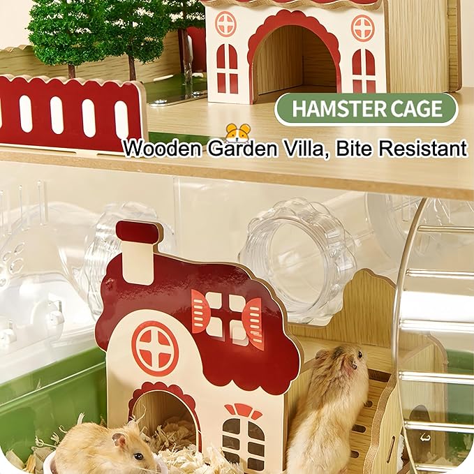17 in 1 Clear Acrylic Hamster Cage with All Accessories,13.5''L* 10''W* 21''H Dwarf Hamster Cage,Magnetic Connection Small Hamster Enclosure,Garden Style Wooden Pet Mouse Cage for Pet Mice(3-Layer)-PurrikoPets