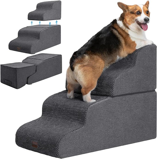Dog Stairs for High Beds, 4-Step Dog Steps for Small Dogs and Cats, Foldable Pet Stairs for High Bed Climbing, Non-Slip Balanced Pet Step Indoor, Dark Grey-PurrikoPets