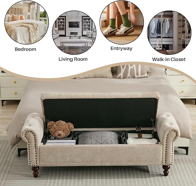 58.1'' Storage Bench Upholstered Chenille End of Bedroom Bed Bench Ottoman with Tufted Cushioned Rolled Arm Large Storage Space for Reading Living Room Entryway, Light Brown-PurrikoPets