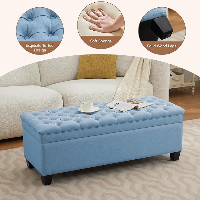 51" Fabric Storage Ottoman Bench, Upholstered Rectangle End of Bed Storage Ottoman Tufted Living Room Bedroom Bench with Safety Hinge, Solid Wood Legs, Loads 500 lb(Light Blue)-PurrikoPets