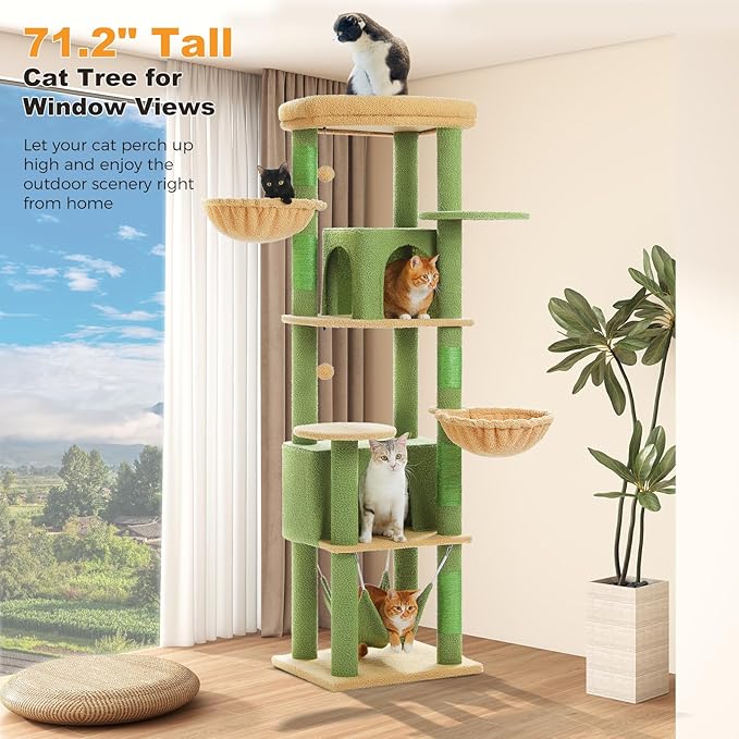 71.2" Large Cat Tree for Multi-Cat Households - 9-Level Cat Tower w/5 Sisal Scratching Posts, 2 Condos, Soft Hammock, Top Perch & Pom Poms - Heavy-Duty Space-Saving Design, Cactus Green-PurrikoPets