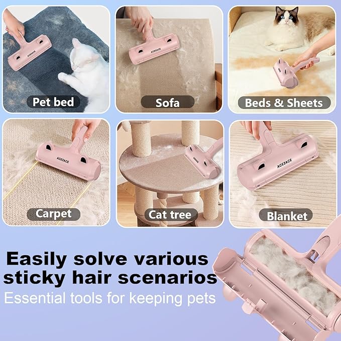 ACE2ACE Pet Hair Removal Tool, Lint Roller Brush for Cats and Dogs, Reusable Self Clean Pet Fur Remover, Pet Hair Remover for Laundry, Carpet, Furniture, Couch, Sofa and Bedding (Pink)-PurrikoPets
