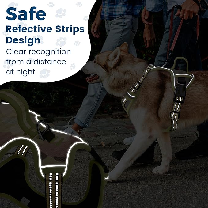 Funfox Dog Harness No Pull, Adjustable Pet Vest Harness, Super Soft Material with Vertical Handle Easy Control, Reflective Night Walking, 2 Leash Clips for Small Sized Dogs, Camo Green, S-PurrikoPets