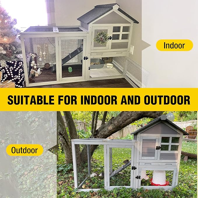 Aivituvin Rabbit Hutch Indoor Bunny Cage Outdoor with Run Chicken Coop Guinea Pig House with Waterproof Asphalt Roof,No Leakage Pull Out Tray-PurrikoPets