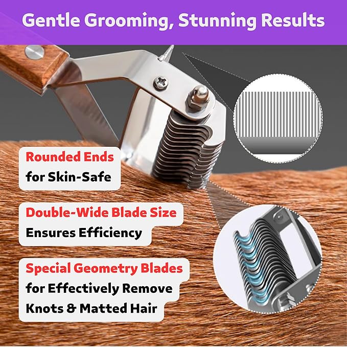 2 in 1 Dogs Cats Dematting Grooming Comb, Perfect Deshedding Undercoat Rake for Poodle & Goldendoodle, Efficiently Detangling Shedding Loose Hair & Matted Fur, All Long Haired Pet (Dark)-PurrikoPets