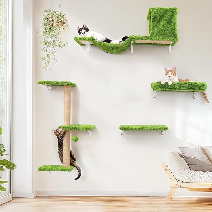 FUKUMARU Cat Wall Shelves, Stable & Safe 4 in 1 Cat Furniture Set, Wooden Climbing Wall with Scratching Post, Bridge and Bed, Stylish Jungle Gym for 16 Inch Drywall - Green-PurrikoPets