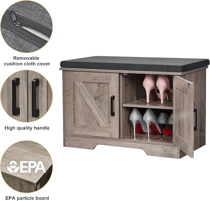 2-Tier Storage Bench, Shoe Bench with Padded Seat Cushion, Entryway Bench with 2 Barn Doors, Adjustable Shelf, 13.8" D x 27.6" W x 17.7" H, for Entryway, Living Room, Bedroom, Greige-PurrikoPets