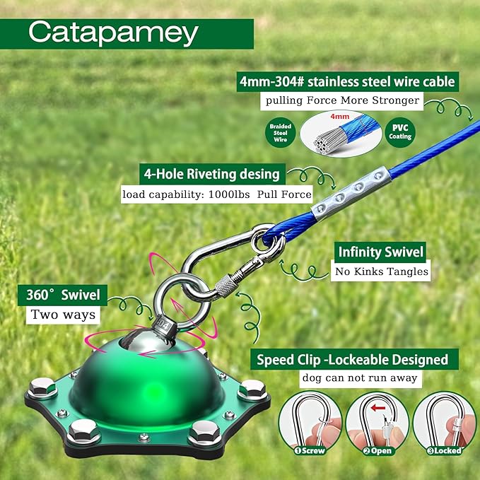 Dog Tie Out Cable and Stake,360°Swivel Dog Run Anchors-with 30FT Heavy Duty tie Out Cable- No Tangle,Dog Runner for Yard- Up to 150 lbs,for Outdoor Camping Gift-PurrikoPets