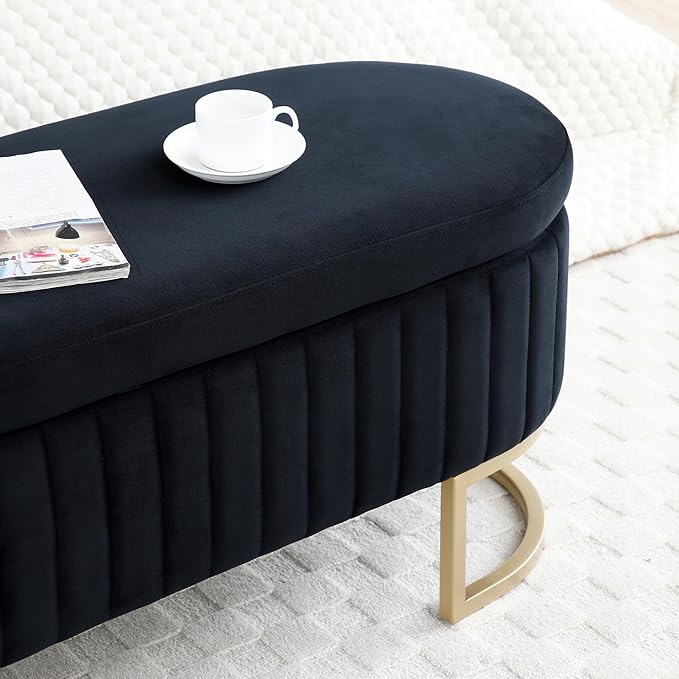 50" Sherpa Storage Ottoman Bench – Velvet Upholstered Bedroom Bench with Golden Metal Legs, Lift-Top Hidden Storage, Modern Footrest for Living Room, Entryway, Bed End (Black)-PurrikoPets