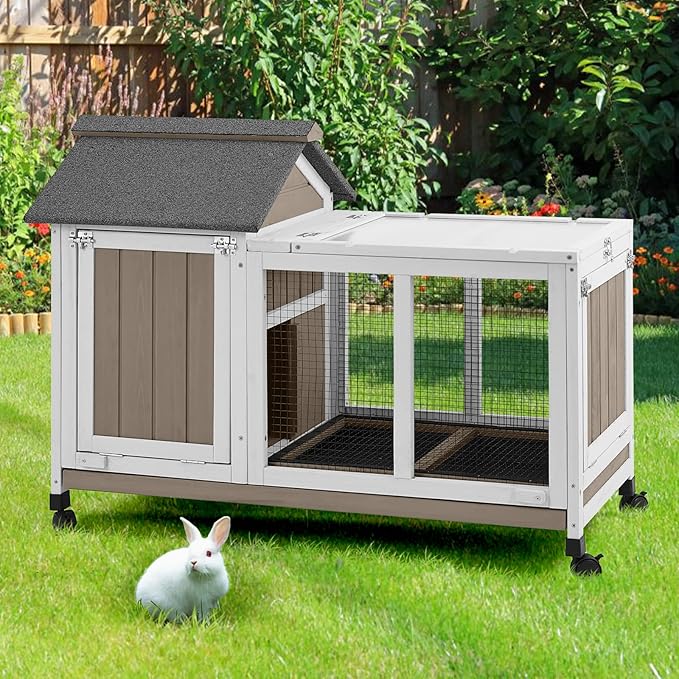 38''L Rabbit Hutch Outdoor Indoor with Wheels, Wooden Expandable 2 Story Bunny House Rabbit Cage with Run, Waterproof Roof, Pull Out Tray, Guinea Pig Cage Chicken Coop for Small to Medium Pets-PurrikoPets