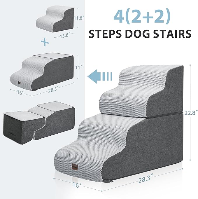 Dog Stairs for High Beds, 4-Step Dog Steps for Small Dogs and Cats, Foldable Pet Stairs for High Bed Climbing, Non-Slip Balanced Pet Step Indoor, Dark Grey-PurrikoPets