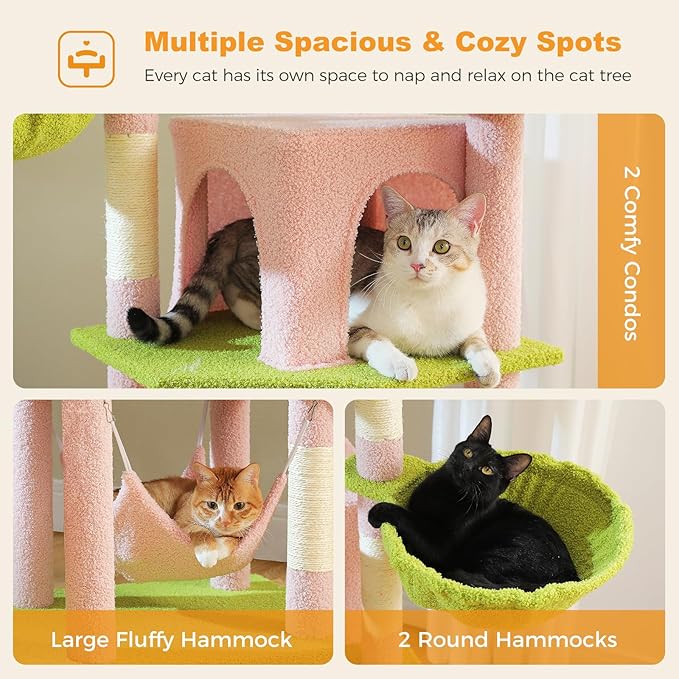 71.2" Large Cat Tree for Multi-Cat Households - Heavy-Duty 9-Level Cat Tower w/5 Sisal Scratching Posts, 2 Condos, 3 Hammocks, Extra-Large Perch & Pompoms - Space-Saving, Pink-PurrikoPets