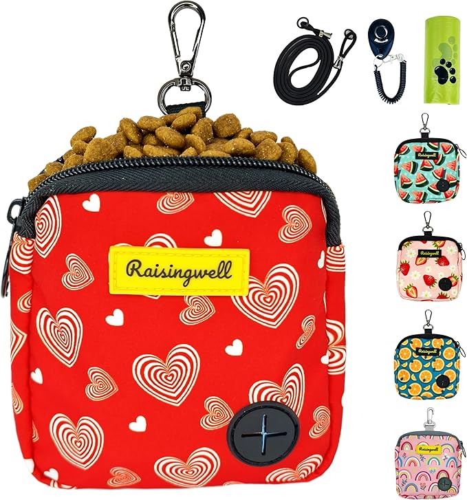 Dog Treat Pouch for Pet Walking and Training with Clicker Poop Bags Small Fanny Zipper Pack Holder for Puppy Snack Dispenser Kit for Leash and Outdoor Use (Valentine)-PurrikoPets