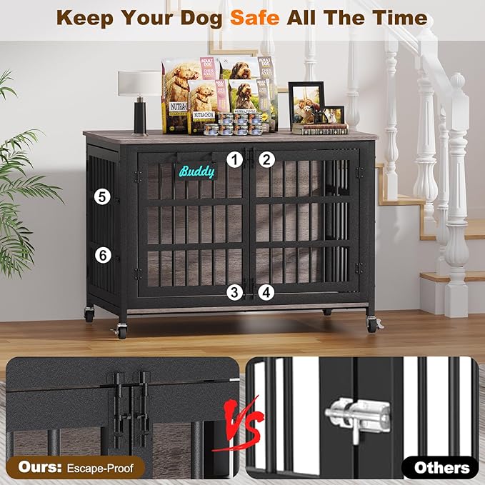 EasyCom 48"/42"/33" XXL Dog Crate Furniture with Casters, Heavy Duty Dog Kennel Indoor for Large Dogs, Escape-Proof and Chew-Proof Dog Cage for high Anxiety Dog, Decorate House as TV Stand, End Table-PurrikoPets