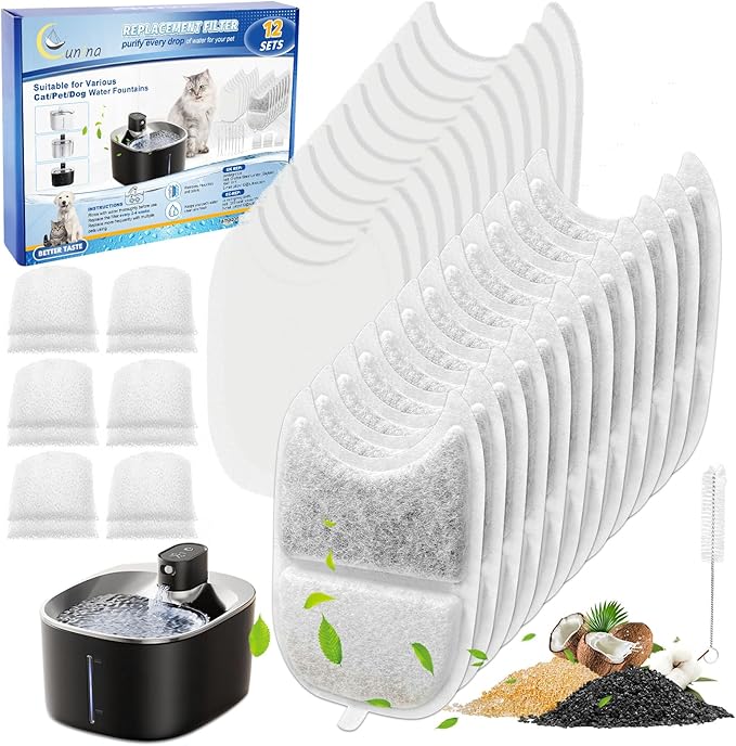 12 Set Cat Water Fountain Filter Replacements & Sponges for 135 fl oz/4L Pet Fountain Drink Machine Dog Water Fountain, YPD-C004P YPD-C004S Water for Cats Drinking Fountain Pump Replacement-PurrikoPets