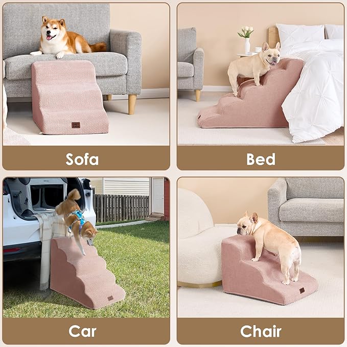 EHEYCIGA Curved Dog Stairs Ramp for High Beds 22.6" H, 5-Step Dog Steps for Small Dogs and Cats, Pet Stairs for High Bed Climbing, Non-Slip Balanced Pet Step Indoor, Dusty Pink-PurrikoPets