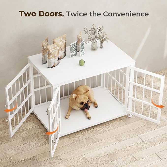 32 Inch Heavy Duty Wooden Dog Kennel End Table with Double Door Design and Secure Locks, Indoor Pet Crate Furniture for Medium Dogs, Decorative Home Cage Design,White-PurrikoPets