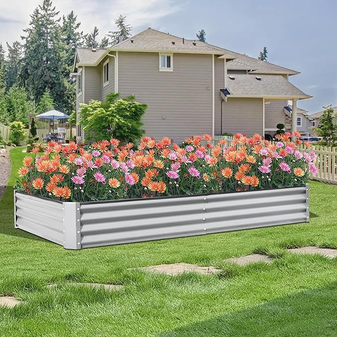 Domi Galvanized Raised Garden Bed, 6x3x1Ft Thickening Metal Planter Box for Vegetables Bottomless for Backyard Outdoor, 1" Deep w/ 128 Gallon Capacity - Silvery-PurrikoPets