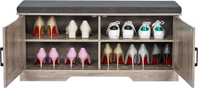 2-Tier Storage Bench, Shoe Bench with Padded Seat Cushion, Entryway Bench with 2 Barn Doors, Adjustable Shelf, 13.8" D x 39.4" W x 17.7" H, for Entryway, Living Room, Bedroom, Greige-PurrikoPets