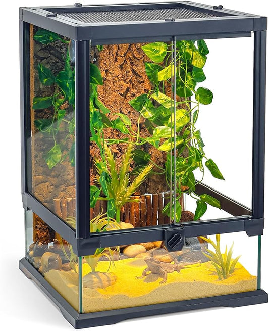360° Clear View 12 Gallon 18x12.6x12.6 Glass Reptile Terrarium Suitable for Bearded Dragon, Chameleon, Crested Gecko, Multi-Pet Enclosure with Front Door, Excellent Ventilation, Hidden Wiring Holes-PurrikoPets