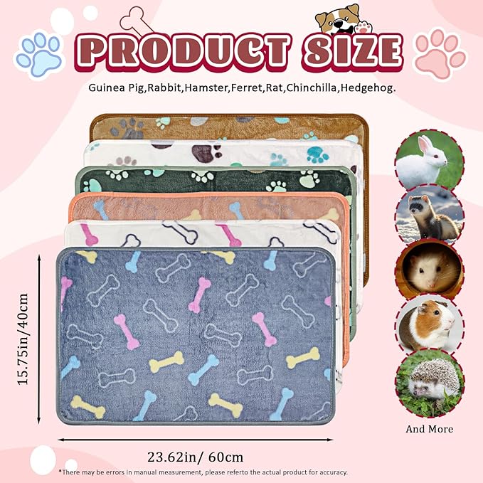 6 Pcs Washable Guinea Pig Blankets Absorbent Small Animal Fleece Bedding Waterproof Cage Liners Reusable Pet Pee Pad Sleep Mat Cover for Rabbit Rat Hamster Ferret Chinchilla Hedgehog (16"x24")-PurrikoPets