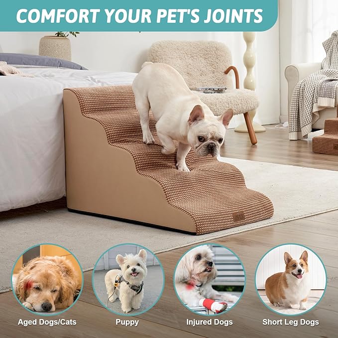 Extra Wide Dog Stairs 19.7" Width, Large Pet Step for Small Medium Dog, Puppy or Cat, Ramp for High Bed or Car, High Density Foam Ladder, Stable, 5 Step, 19.7x33x22.4 inch, Light Brown-PurrikoPets