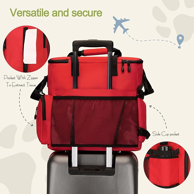 Dog Travel Bag,Weekend Pet Travel bag Set for Dog and Cat,Airline Approved Tote Multi-Function Bags for Traveling,Include 2 Collapsible Bowls,2 Food Storage Containers,1 Feeding Mat,Red-PurrikoPets