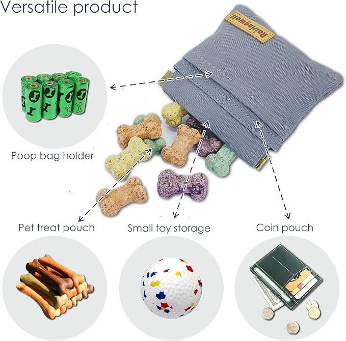 Dog Treat Pouch, Small Cotton Pocket Sized Training Holder, Hand Free Walking Fanny Bag with Carabiner, Self-Closing Pet Feed Snack Reward, Behavior Aids for Puppy Travel or Outdoor (Grey)-PurrikoPets