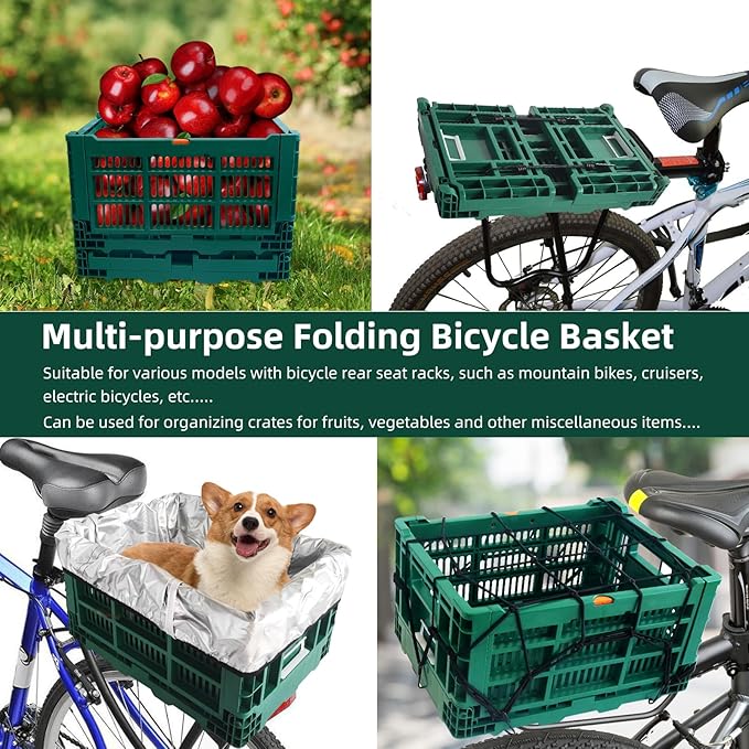 Foldable Large Green Plastic Bicycle Rear Basket with Cargo Net and Waterproof Cover Net for Shopping Outings, Pets, School, Picnics or Outdoor Activities, Easy to Install on Rack Mount-PurrikoPets