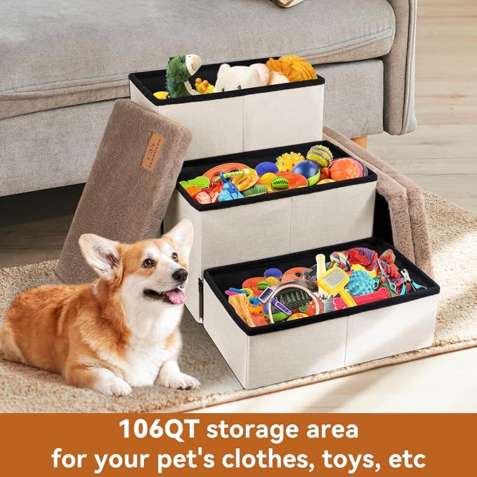 Dog Stairs with Furry Lids 18" H, 3-Step Wider Dog Steps with Storage for Small/Medium/Large Old Dogs Cats, Folding Sturdy Pet Stairs Climbing Bed Couch, Ramp for Car Up to 200 lbs, Khaki-PurrikoPets