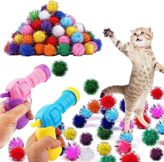102Pcs Cat Toy Gun Launcher - 100 Sparkle Pom Pom Balls and 2 Ball Launchers, Interactive Fetch Toy Shooter for Indoor Cats and Kitty-PurrikoPets