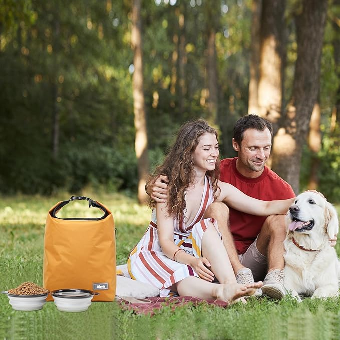 Dog Food Travel Bag w/2PCS Collapsible Dog Travel Bowls,dog food storage container 20 lb(Yellow, Large)-PurrikoPets