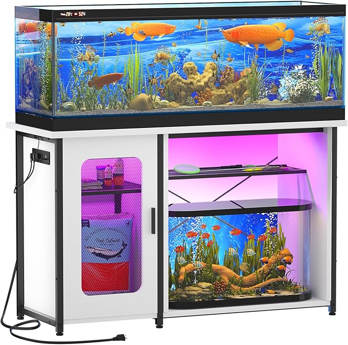 55-75 Gallon Fish Tank Stand with Power Outlets & LED Light, Reversible Heavy Duty Metal Aquarium Stand with Cabinet for Fish Tank Accessories Storage, Turtle/Reptile Terrariums, White-PurrikoPets