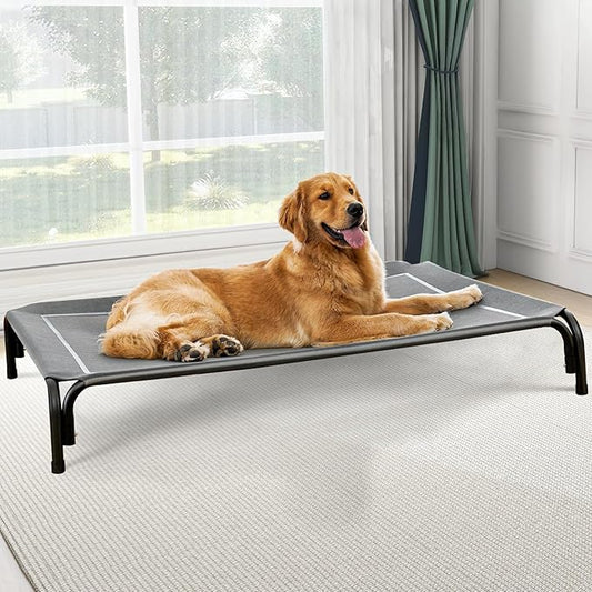 Elevated Dog Bed, Raised Outdoor Dog Bed for Large Sized Dog, Portable Cooling Pet Cot with Breathable & Washable Mesh, Indoor & Outdoor Pet Hammock with Skid-Resistant Feet.-PurrikoPets